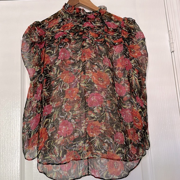 Sandro Amina Floral-Print Metallic-Stripe Top - Picture 2 of 10